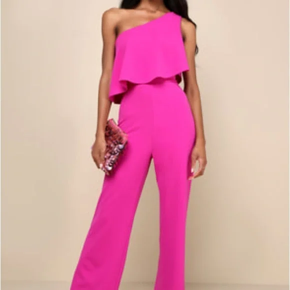 Lulu's Pink One-Shoulder Ruffle Jumpsuit - Picture 1 of 6